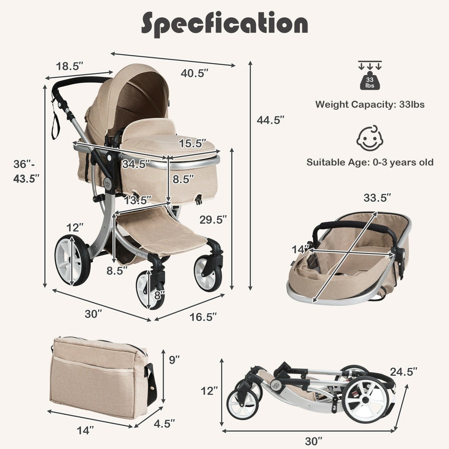 Reversible Baby Stroller with Bassinet Seat and Diaper Bag