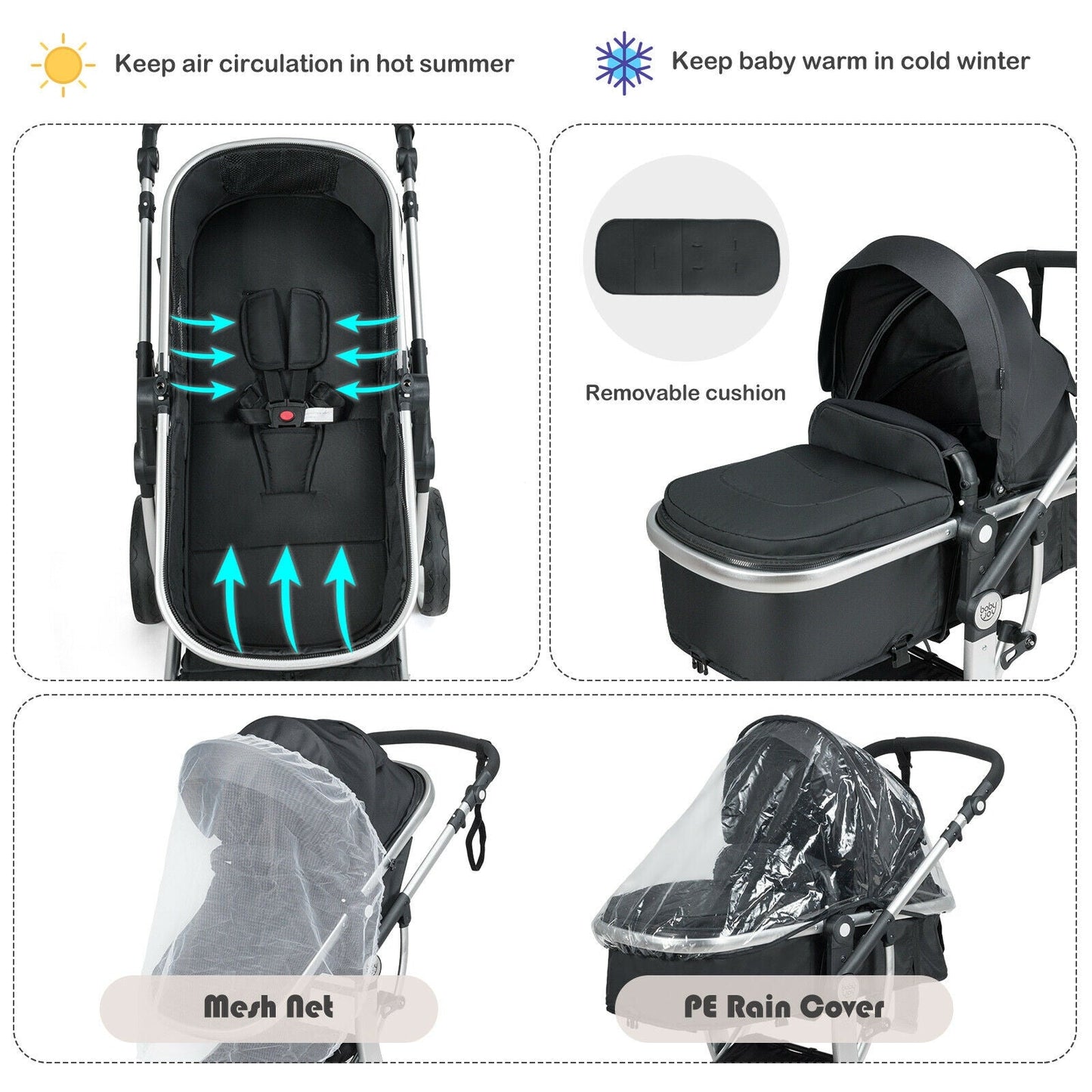 Reversible Baby Stroller with Bassinet Seat and Diaper Bag
