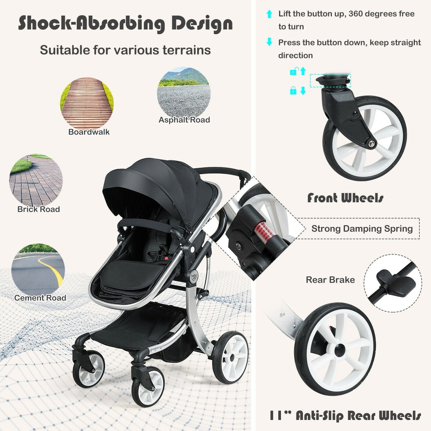 Reversible Baby Stroller with Bassinet Seat and Diaper Bag