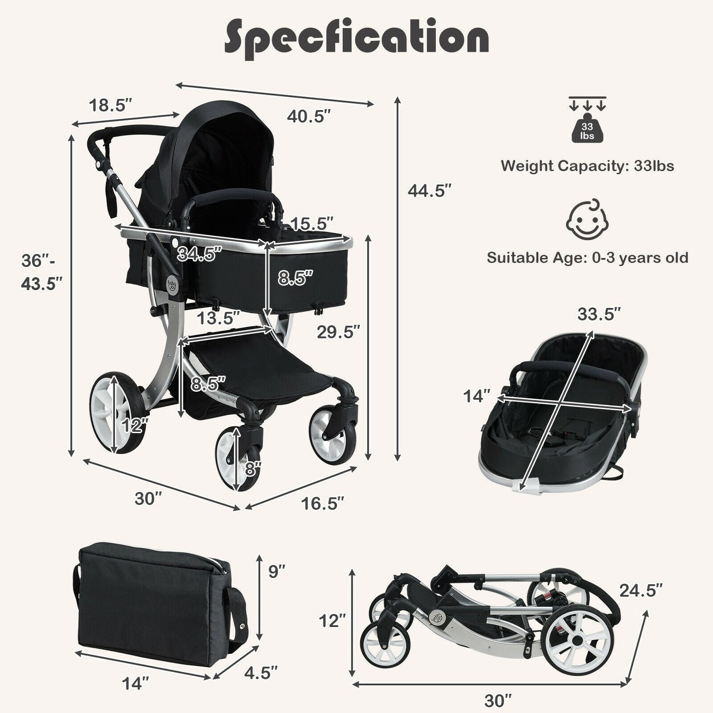 Reversible Baby Stroller with Bassinet Seat and Diaper Bag